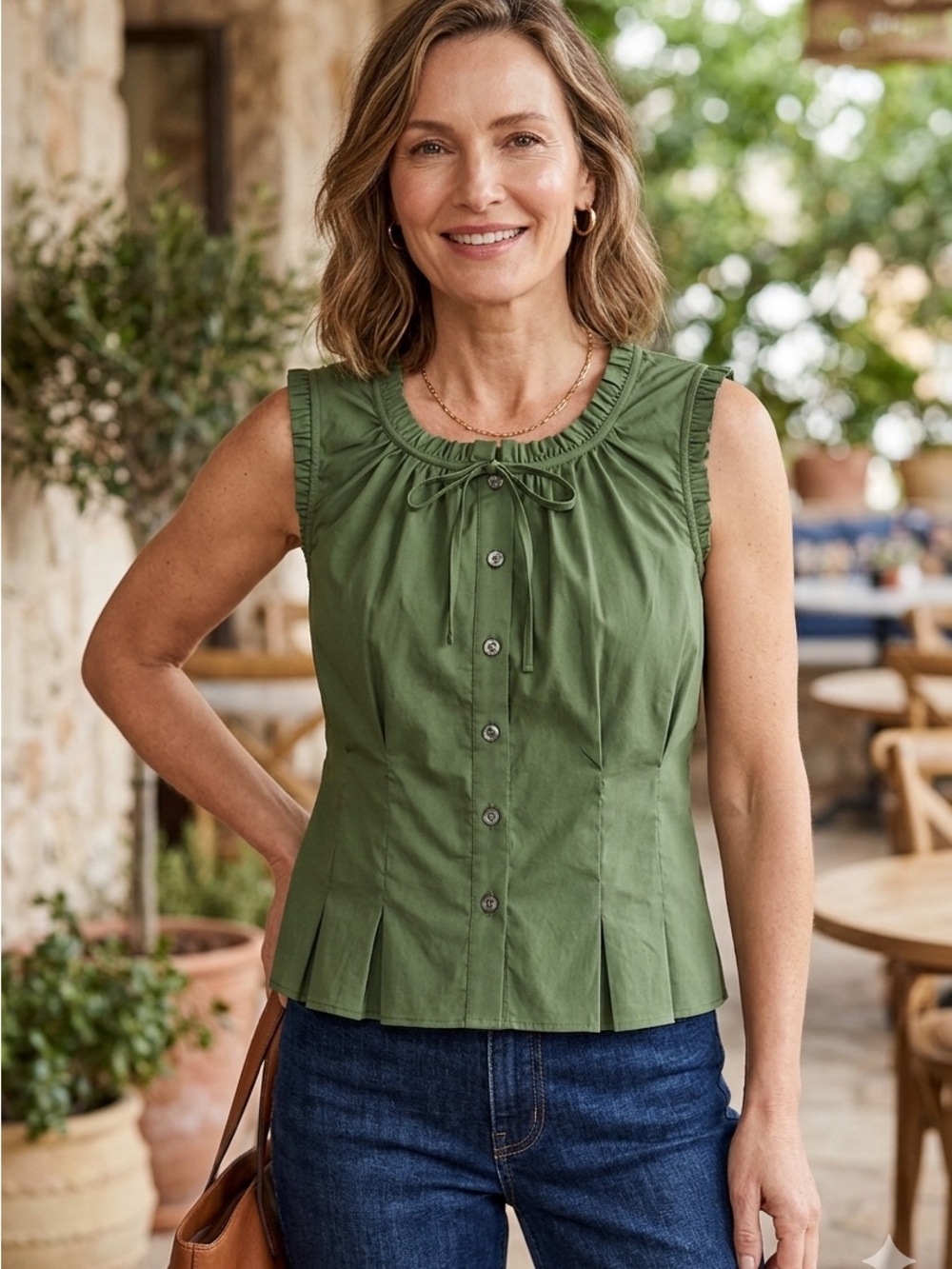 J. Crew Olive Green Sleeveless Ruffle Tie-Neck Blouse